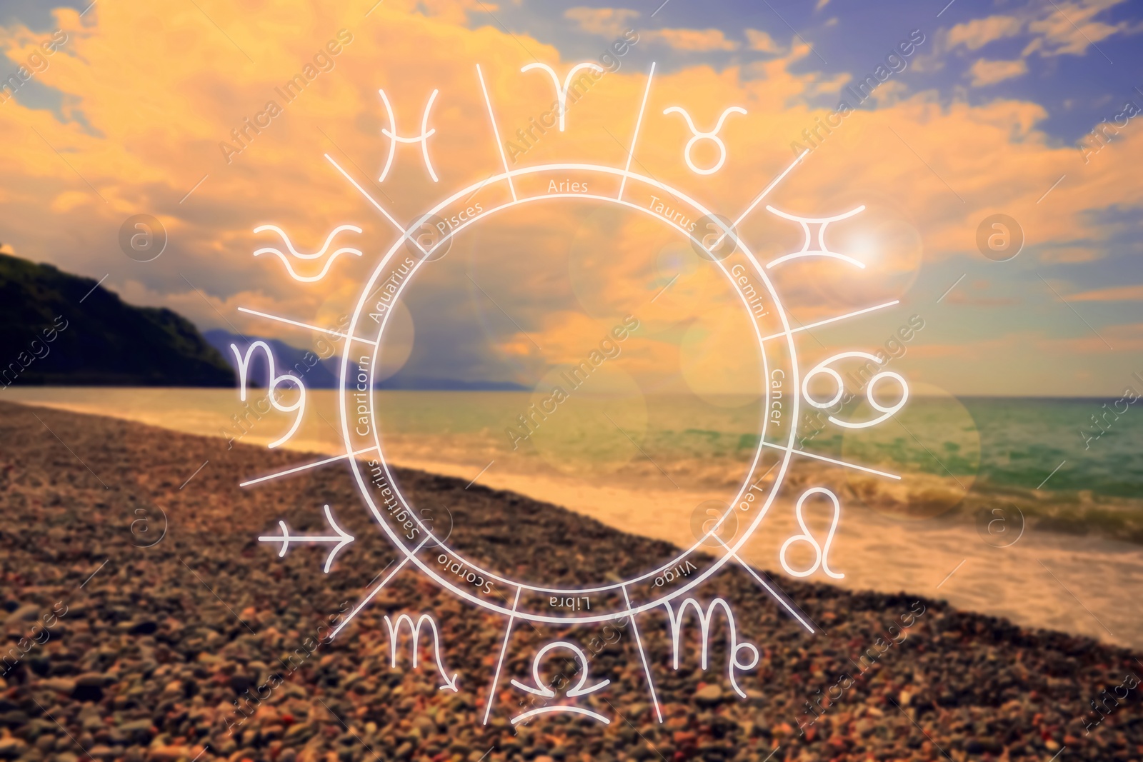 Image of Zodiac wheel with signs against beautiful seascape