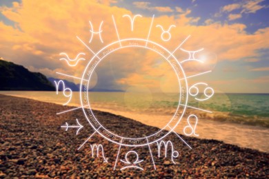 Image of Zodiac wheel with signs against beautiful seascape
