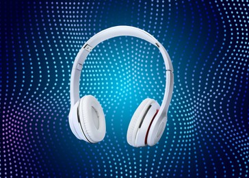 Image of Headphones against blue background with sound waves