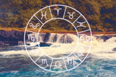 Image of Zodiac wheel with signs against natural landscape