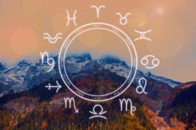 Image of Zodiac wheel with signs against mountain landscape