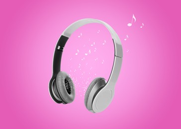 Image of Headphones and music notes against pink gradient background