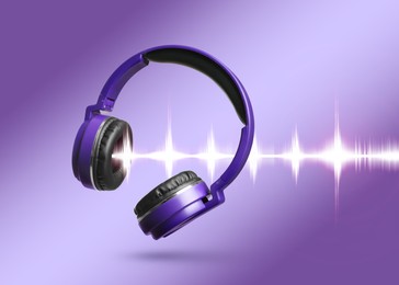 Image of Headphones and sound waves against violet gradient background