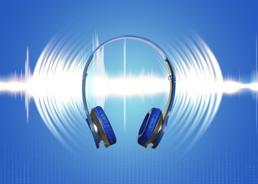 Image of Headphones and sound waves against blue background