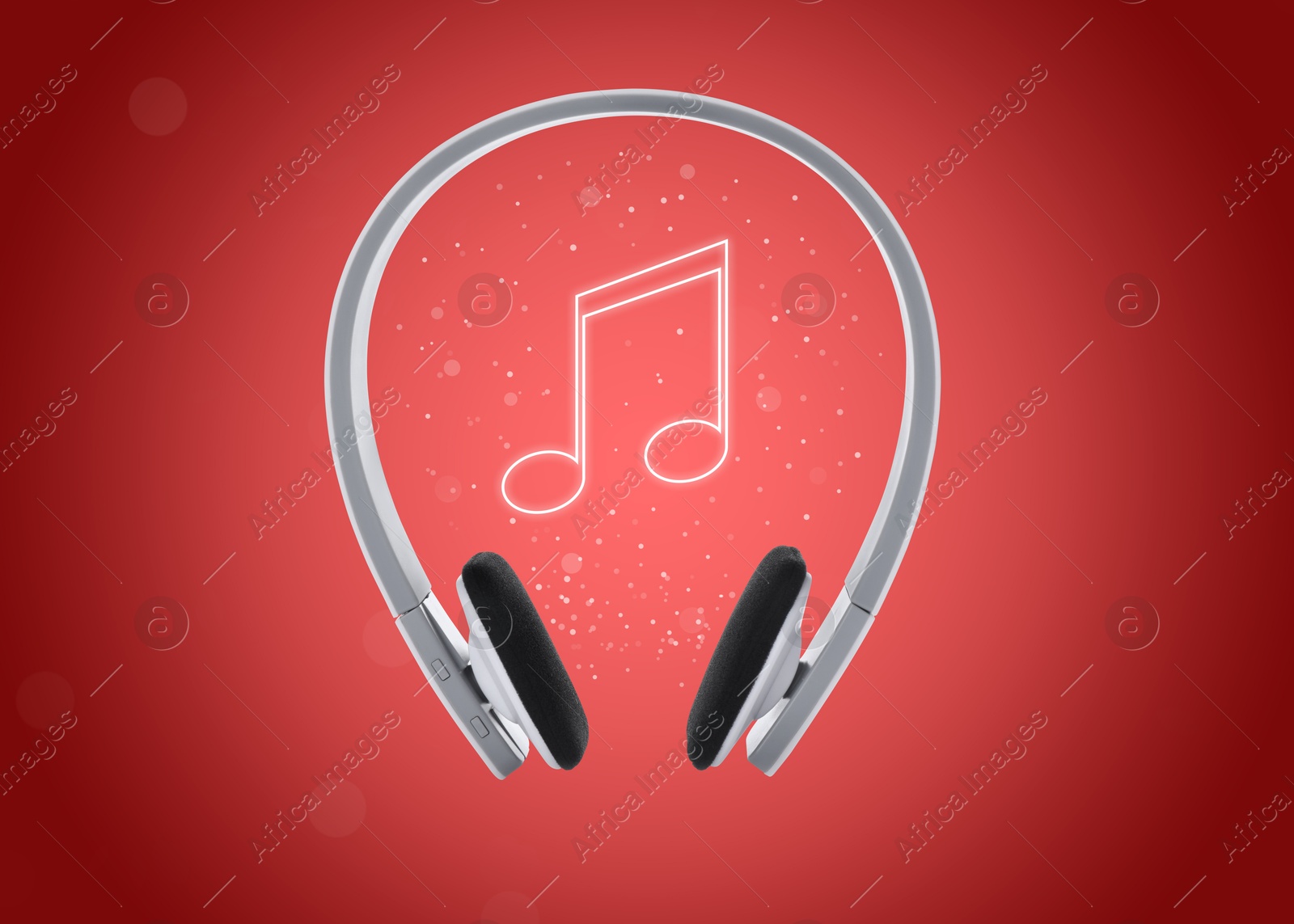 Image of Headphones and music note against dark red background