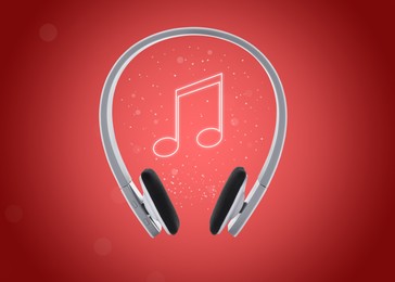 Image of Headphones and music note against dark red background