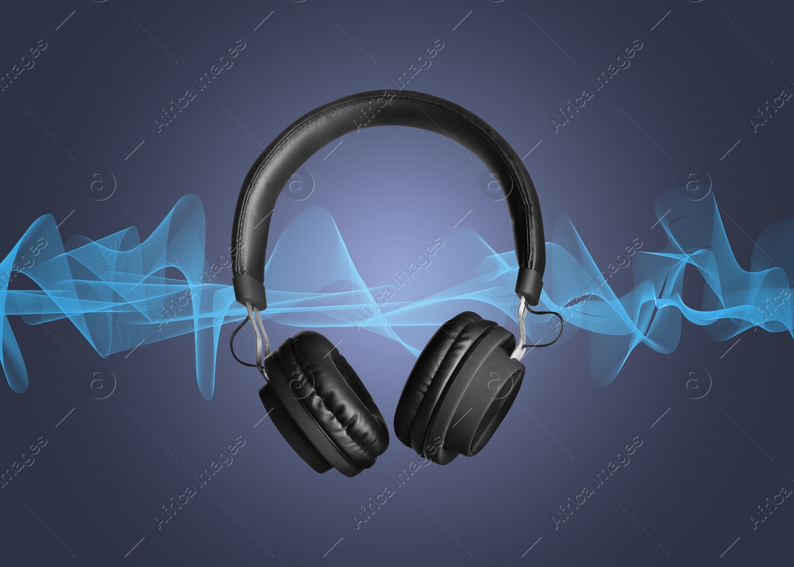 Headphones and sound waves against grey gradient background Image of Headphones and sound waves against grey gradient background