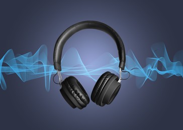Image of Headphones and sound waves against grey gradient background