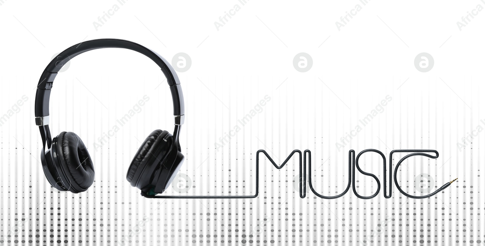 Image of Headphones and sound waves against white background, banner design. Wire forming word Music