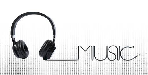 Image of Headphones and sound waves against white background, banner design. Wire forming word Music