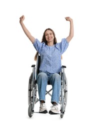 Photo of Smiling teenage girl in wheelchair on white background