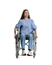 Photo of Beautiful teenage girl in wheelchair on white background