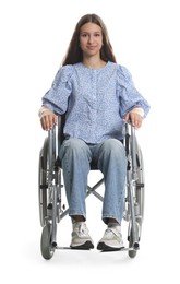 Photo of Beautiful teenage girl in wheelchair on white background