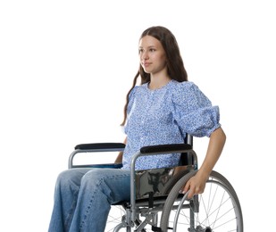 Photo of Beautiful teenage girl in wheelchair on white background