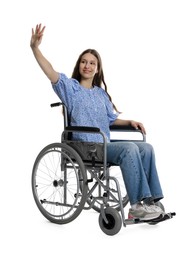 Photo of Smiling teenage girl in wheelchair on white background