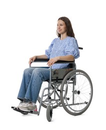 Photo of Smiling teenage girl in wheelchair on white background