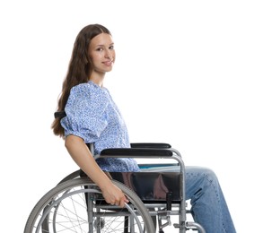 Photo of Smiling teenage girl in wheelchair on white background