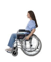 Photo of Smiling teenage girl in wheelchair on white background