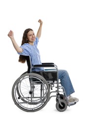 Photo of Smiling teenage girl in wheelchair on white background