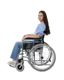 Photo of Smiling teenage girl in wheelchair on white background