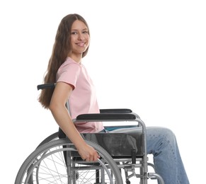 Photo of Smiling teenage girl in wheelchair on white background