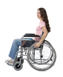 Photo of Smiling teenage girl in wheelchair on white background