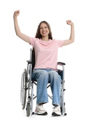 Photo of Smiling teenage girl in wheelchair on white background