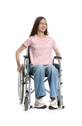 Photo of Smiling teenage girl in wheelchair on white background