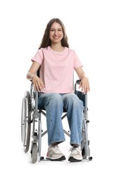 Photo of Smiling teenage girl in wheelchair on white background