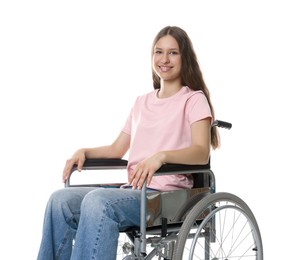 Photo of Smiling teenage girl in wheelchair on white background