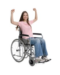 Photo of Smiling teenage girl in wheelchair on white background