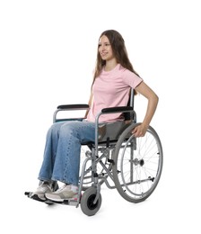 Photo of Smiling teenage girl in wheelchair on white background