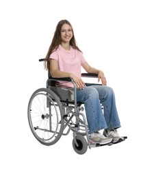 Photo of Smiling teenage girl in wheelchair on white background