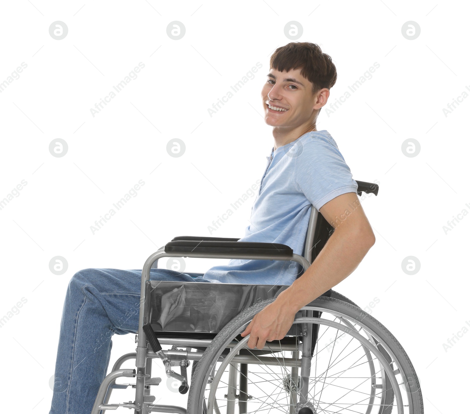 Photo of Happy young man in modern wheelchair on white background