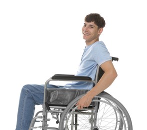 Photo of Happy young man in modern wheelchair on white background