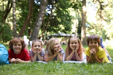 Photo of Cute little kids on green grass in park
