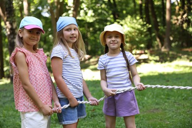 Photo of Cute little kids playing tug of war in park