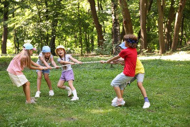 Photo of Cute little kids playing tug of war in park