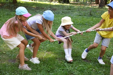 Photo of Cute little kids playing tug of war in park
