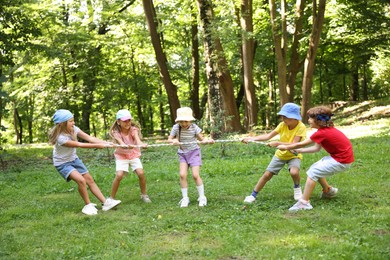 Photo of Cute little kids playing tug of war in park