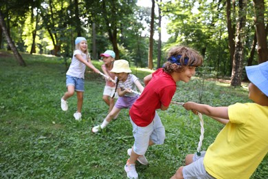 Photo of Cute little kids playing tug of war in park, selective focus