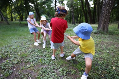 Photo of Cute little kids playing tug of war in park, selective focus