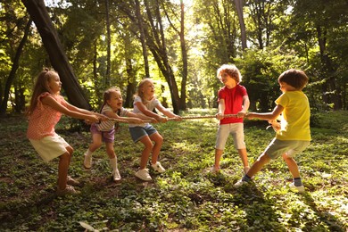 Photo of Cute little kids playing tug of war in park