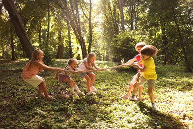 Photo of Cute little kids playing tug of war in park