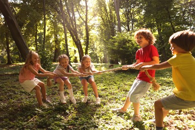 Photo of Cute little kids playing tug of war in park