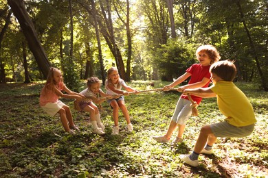 Photo of Cute little kids playing tug of war in park