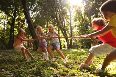 Photo of Cute little kids playing tug of war in park
