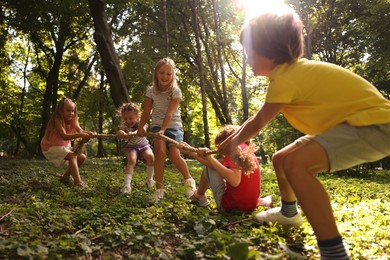 Photo of Cute little kids playing tug of war in park