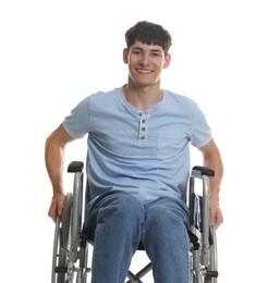Photo of Happy young man in modern wheelchair on white background