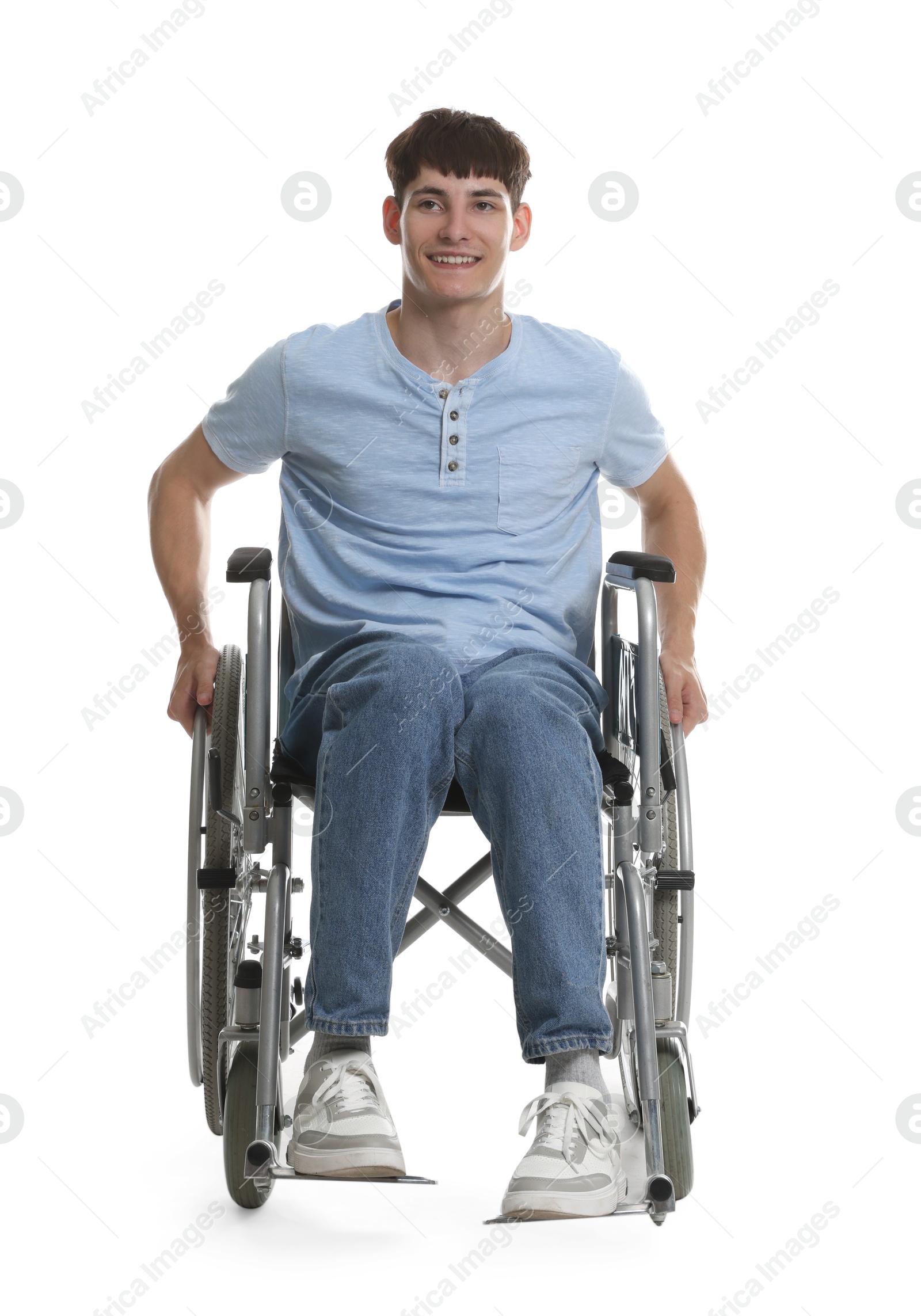 Photo of Happy young man in modern wheelchair on white background